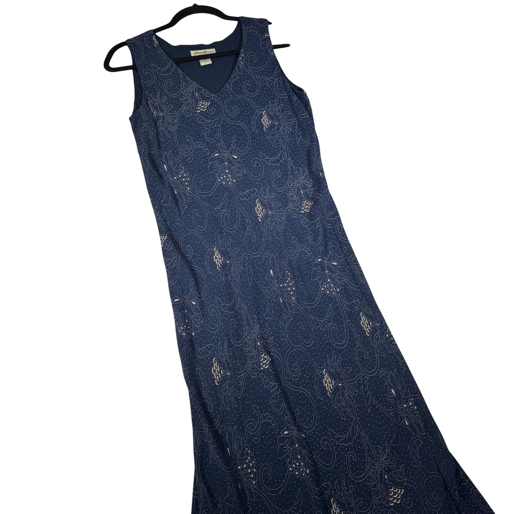 Eddie Bauer Navy Blue Paisley V-Neck Sleeveless Maxi Dress Rayon M Boho Sun